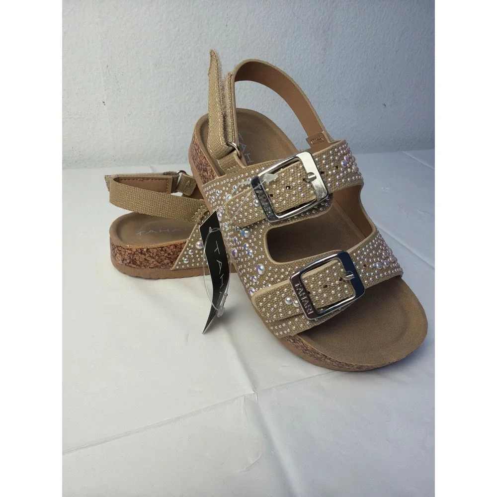 Tahari Girls Tan Rhinestone Faux Pearl Buckle Sandals Size 9T NEW